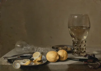 Still Life with Two Lemons, a Venetian Glass, Roemer, Knife and Olives on a Table